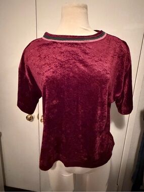 Isaac Mizrahi Velvet Short-Sleeve Box Tee in Burgundy with Striped Neck Trim